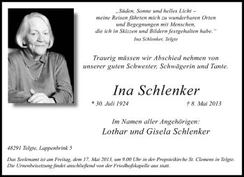 Todesanzeige von Ina Schlenker von Westfälische Nachrichten