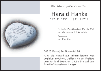 Todesanzeige von Harald Hanke von HNA