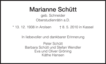 Todesanzeige von Marianne Schütt von HNA