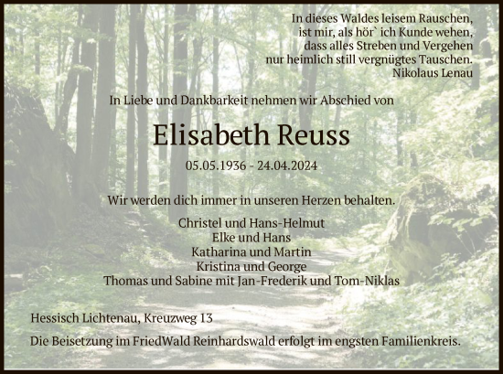 Todesanzeige von Elisabeth Reuss von HNA