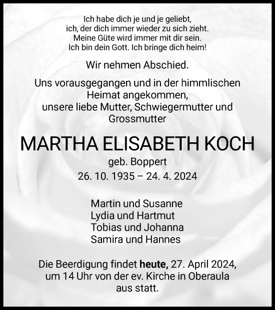 Todesanzeige von Martha Elisabeth Koch von HNA