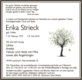 Todesanzeige von Erika Strieck von SYK