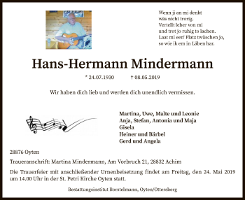 Todesanzeige von Hans-Hermann Mindermann von SYK