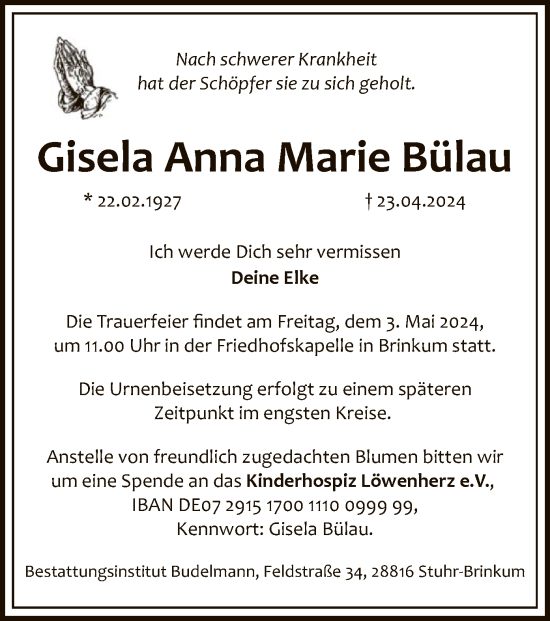 Todesanzeige von Gisela Anna Marie Bülau von SYK