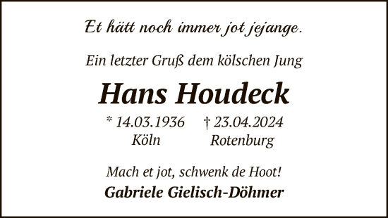 Todesanzeige von Hans Houdeck von SYK