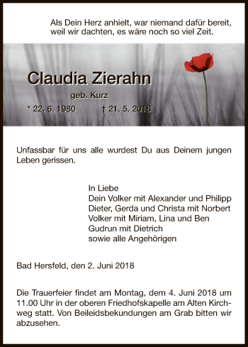 Todesanzeige von Claudia Zierahn von Hersfeld
