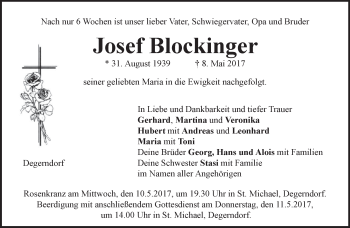 Todesanzeige von Josef Blockinger von merkurtz