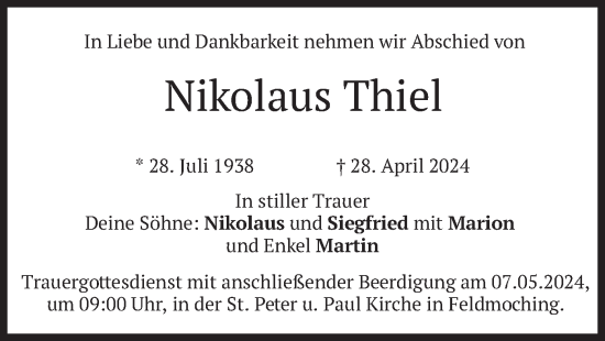 Todesanzeige von Nikolaus Thiel von merkurtz