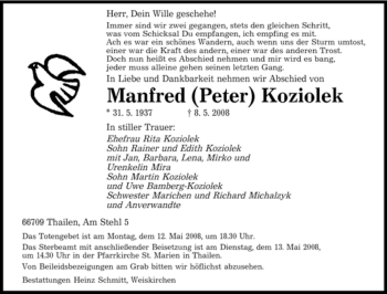 Todesanzeige von Manfred Koziolek von SAARBRÜCKER ZEITUNG