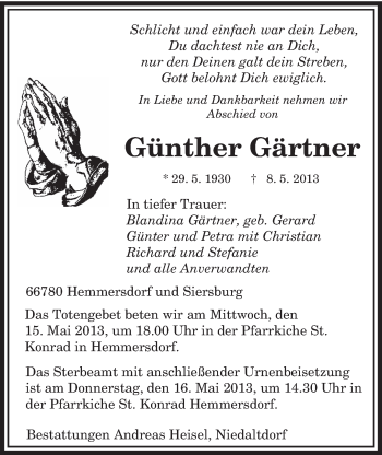 Todesanzeige von Günther Gärtner von saarbruecker_zeitung