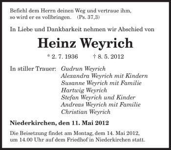 Todesanzeige von Heinz Weyrich von SAARBRÜCKER ZEITUNG