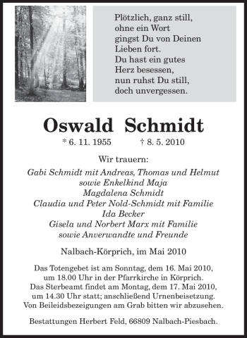 Todesanzeige von Oswald Schmidt von SAARBRÜCKER ZEITUNG