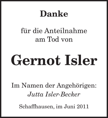 Todesanzeige von Gernot Isler von SAARBRÜCKER ZEITUNG