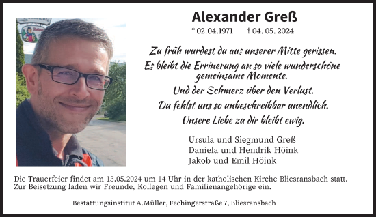 Todesanzeige von Alexander Greß von saarbruecker_zeitung