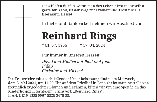 Todesanzeige von Reinhard Rings von saarbruecker_zeitung