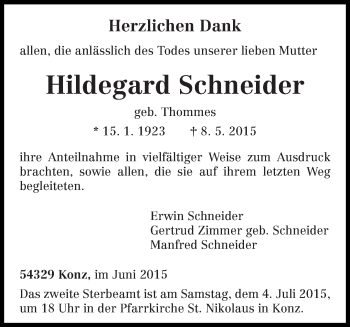 Todesanzeige von Hildegard Schneider von trierischer_volksfreund