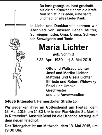 Todesanzeige von Maria Lichter von trierischer_volksfreund