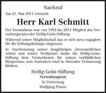 Todesanzeige von Karl Schmitt von TRIERISCHER VOLKSFREUND