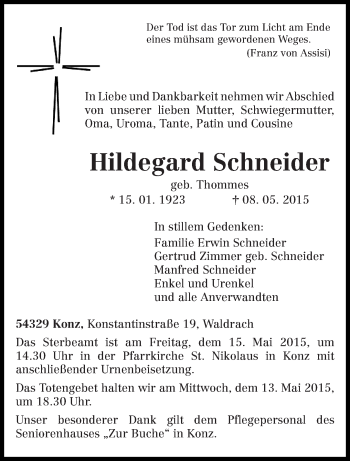 Todesanzeige von Hildegard Schneider von trierischer_volksfreund