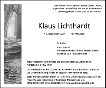 Todesanzeige von Klaus Lichthardt von trierischer_volksfreund