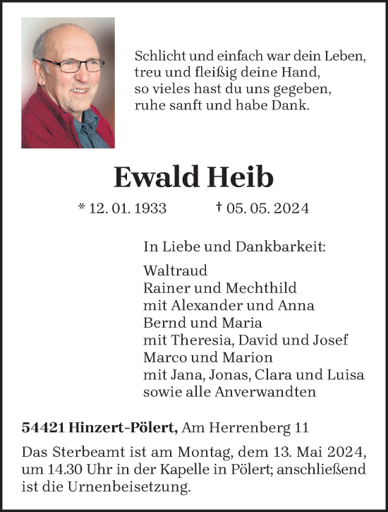 Todesanzeige von Ewald Heib von trierischer_volksfreund