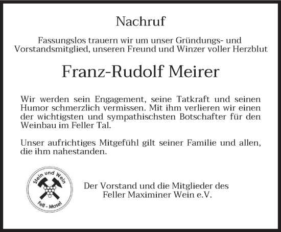 Todesanzeige von Franz-Rudolf Meirer von trierischer_volksfreund