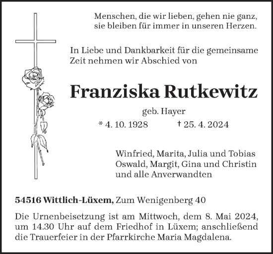 Todesanzeige von Franziska Rutkewitz von trierischer_volksfreund