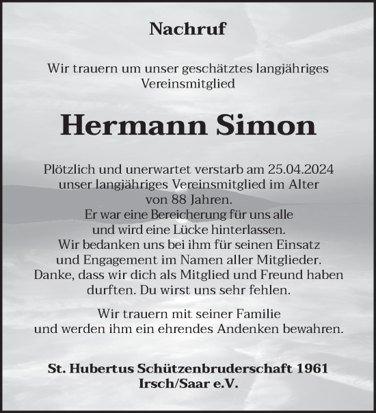 Todesanzeige von Hermann Simon von trierischer_volksfreund