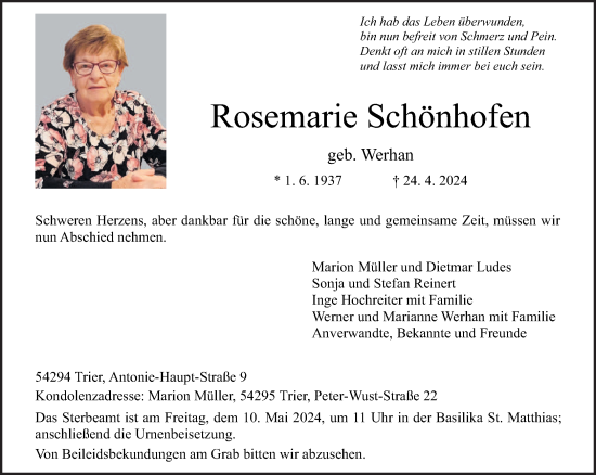 Todesanzeige von Rosemarie Schönhofen von trierischer_volksfreund