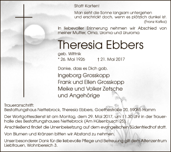 Todesanzeige von Theresia Ebbers von MZV