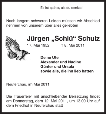 Todesanzeige von Jürgen Schulz von ALLGEMEINE ZEITUNG UELZEN