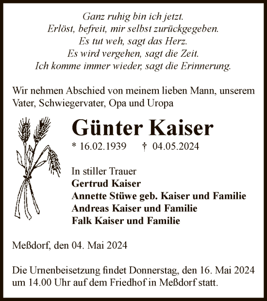 Todesanzeige von Günter Kaiser von UEL