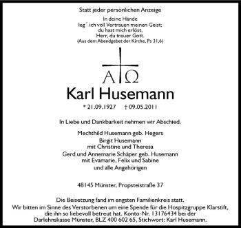 Todesanzeige von Karl Husemann von Westfälische Nachrichten