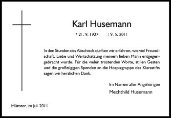 Todesanzeige von Karl Husemann von Westfälische Nachrichten