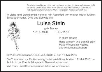 Todesanzeige von Luise Stein von HNA
