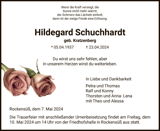 Todesanzeige von Hildegard Schuchhardt von HNA