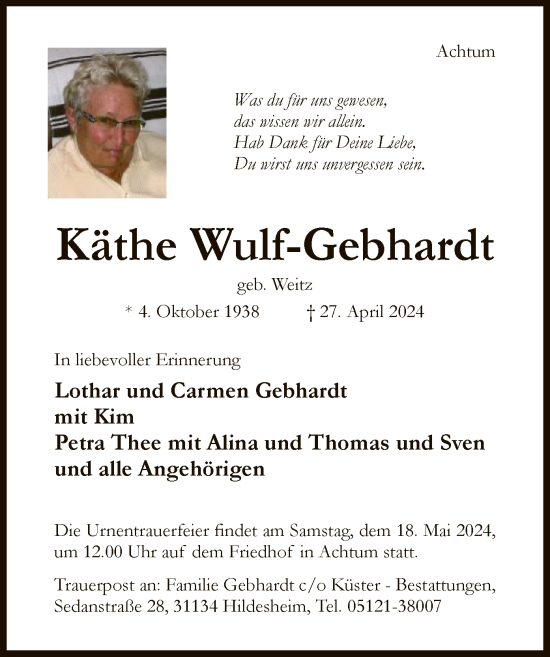 Todesanzeige von Käthe Wulf-Gebhardt von HNA