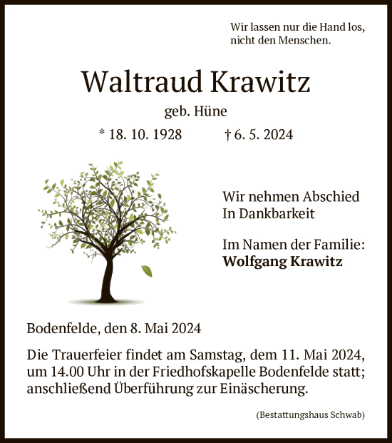 Todesanzeige von Waltraud Krawitz von HNA