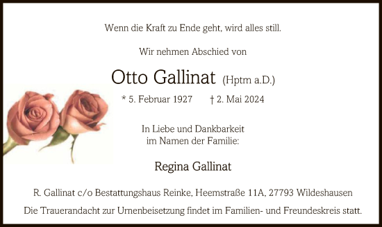Todesanzeige von Otto Gallinat von SYK