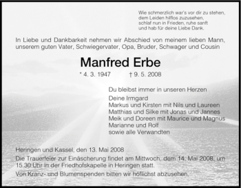 Todesanzeige von Manfred Erbe von HERSFELDER ZEITUNG