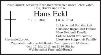 Todesanzeige von Hans Eckl von merkurtz