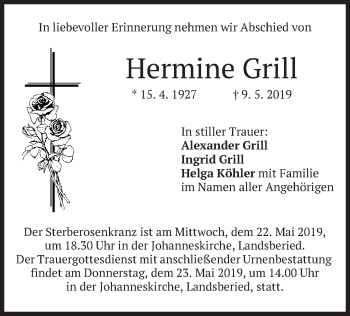 Todesanzeige von Hermine Grill von merkurtz