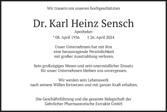 Todesanzeige von Karl Heinz Sensch von merkurtz