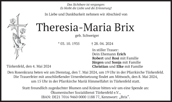 Todesanzeige von Theresia-Maria Brix von merkurtz