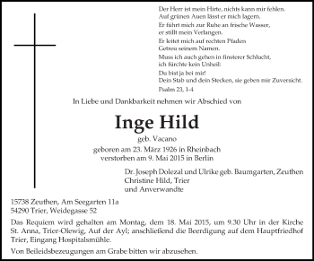 Todesanzeige von Inge Hild von trierischer_volksfreund